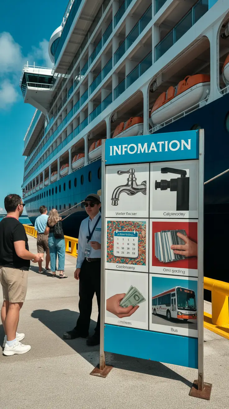 Answers common queries about tap water, plug types, festivals, tipping customs, and late transportation back to the ship.