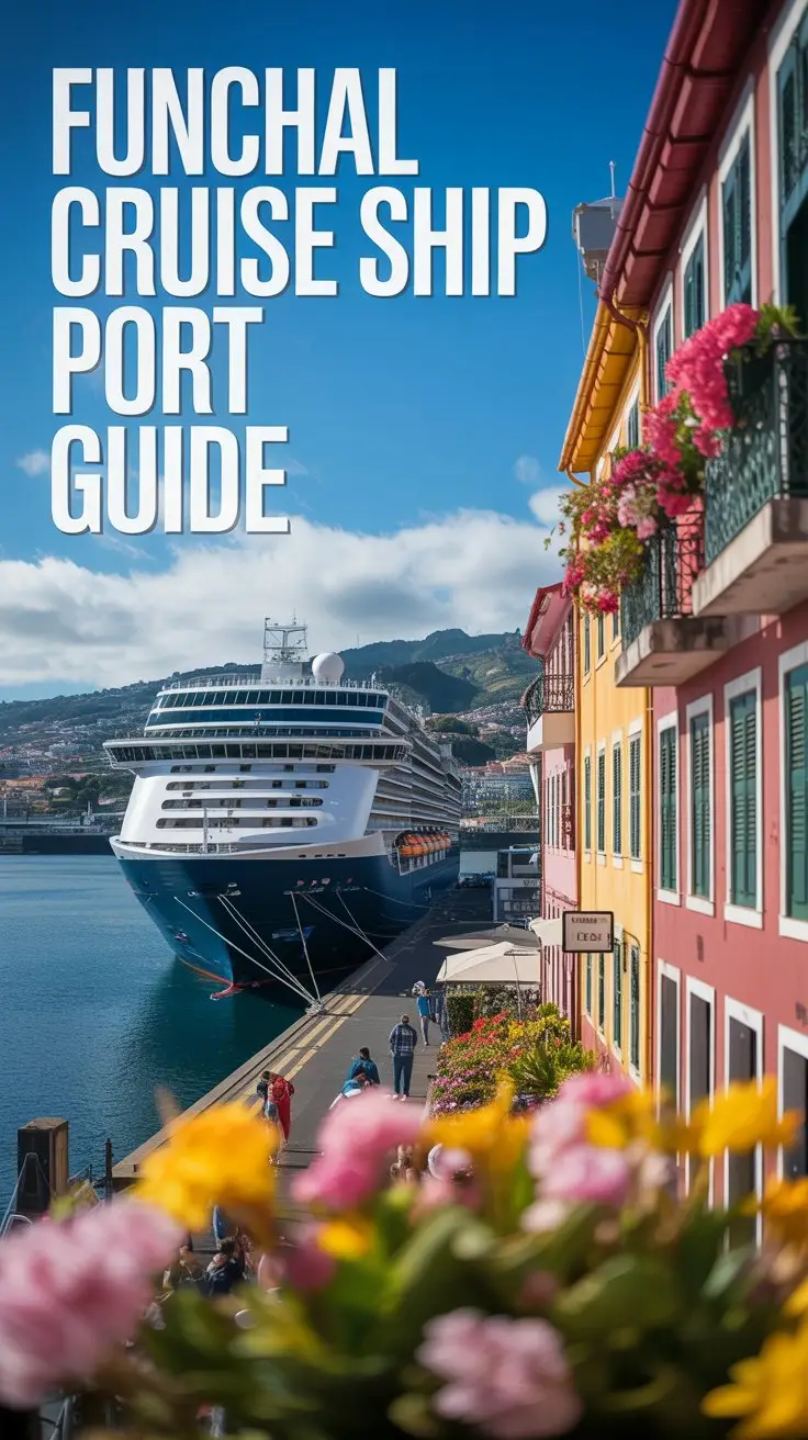 A travel poster showcasing "Funchal Cruise Ship Port Guide" in large, bold text aligned to the left. The main focus is a vibrant, modern cruise ship docked at the bustling port of Funchal, Madeira, bathed in the warm glow of a bright, sunny day. The foreground features colorful buildings of Funchal's historic district, with vibrant flowers cascading from balconies, and a few blurred figures of tourists enjoying the scene. A clear blue sky with fluffy white clouds provides a picturesque backdrop, enhancing the overall sense of a welcoming and exciting travel destination.