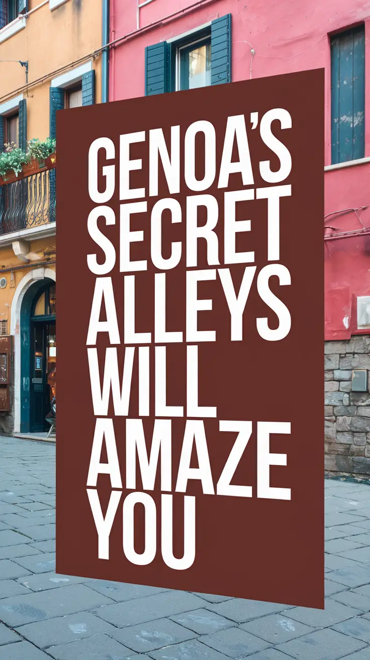 Big text overlay saying: Genoa's Secret Alleys Will Amaze You. It's designed to immediately grab attention with its thick, distinctive lettering set prominently in a big dark colored box, utilizing a simple yet striking bold white color for the text. Surrounding this eye-catching typography, a collage of vibrant images.