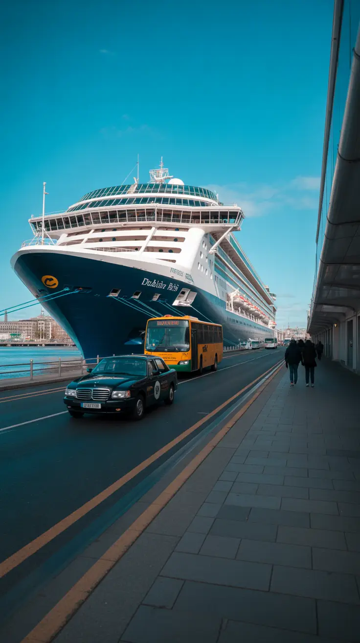 A cruise ship docked at Dublin Port with a shuttle bus parked nearby. A taxi is driving past on a road beside the port. A public bus is visible in the background. A few people are walking along a pedestrian path leading toward the city. The sky is clear and blue.