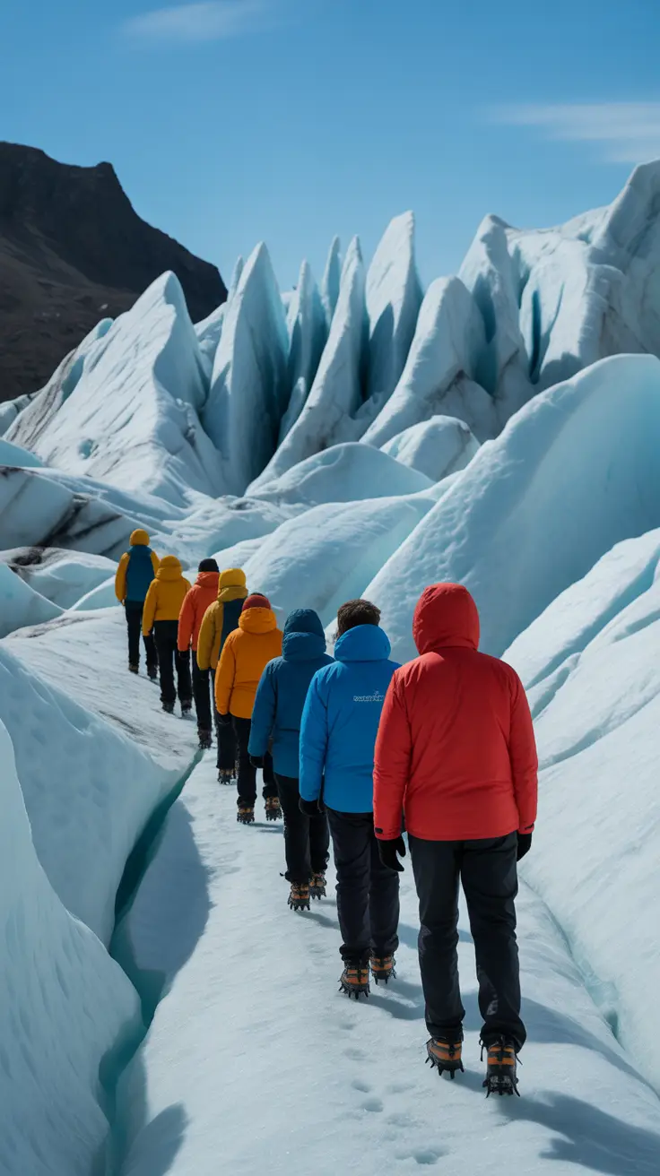 Embark on a guided trek across the glacier’s surface using crampons for grip, perfect for exploring icy terrain and learning about the living nature of glaciers.
