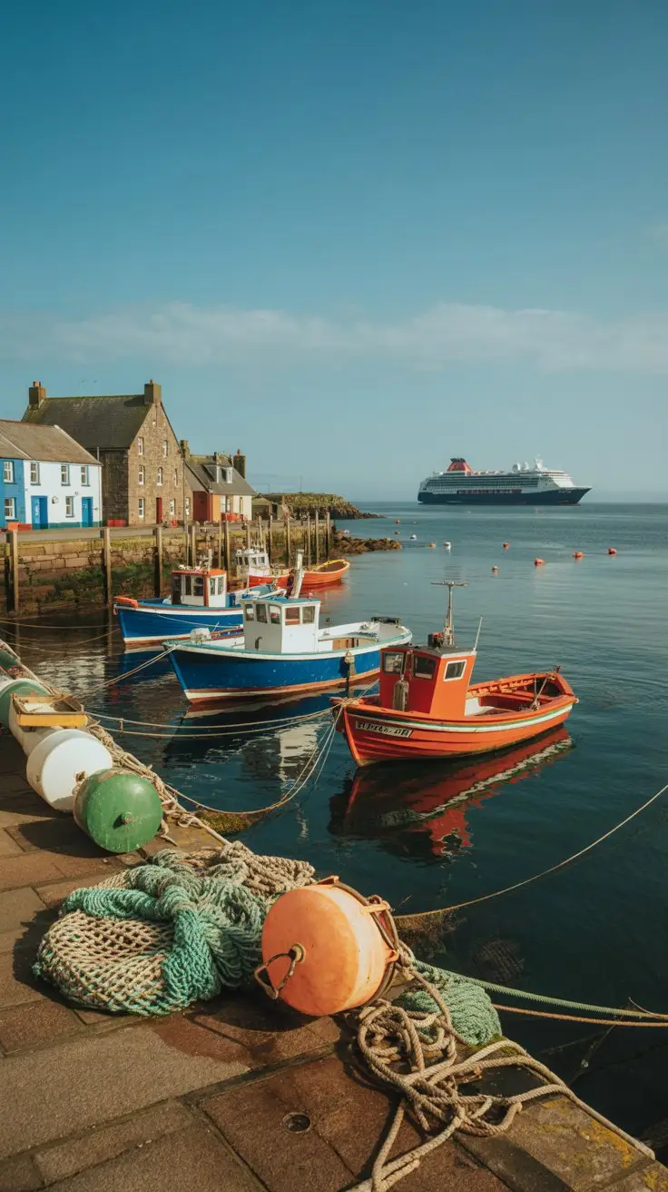 A photograph of a quaint Northern Ireland fishing village nestled along a rocky coastline. Colorful fishing boats bob gently in the harbor, with nets and buoys scattered along the weathered docks, all bathed in the warm light of a bright sunny day. In the far distance, a large cruise ship cuts a sleek silhouette against the clear blue sky, contrasting with the traditional charm of the village. Soft, diffused sunlight illuminates the scene, highlighting the textures of the stone buildings and creating a tranquil, picturesque atmosphere.