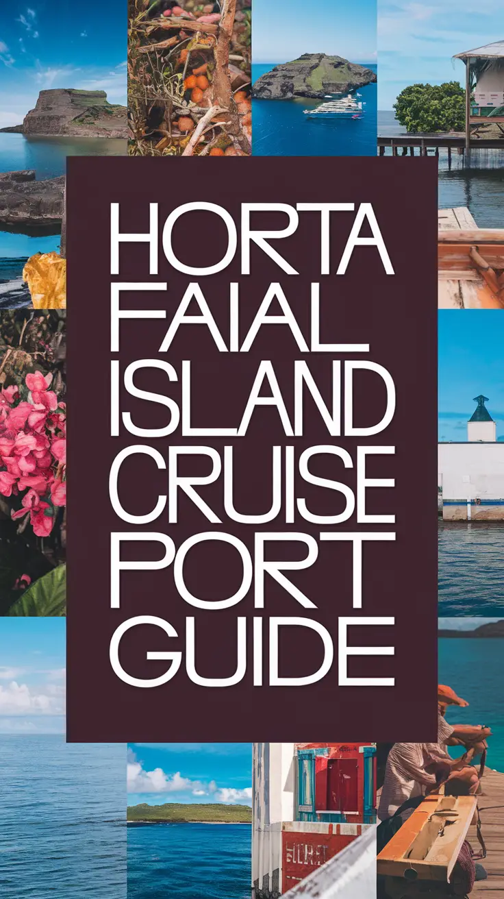Big text overlay saying: Horta - Faial Island Cruise Ship Port Guide. It's designed to immediately grab attention with its thick, distinctive lettering set prominently in a big dark colored box, utilizing a simple yet striking bold white color for the text. Surrounding this eye-catching typography, a collage of vibrant images.