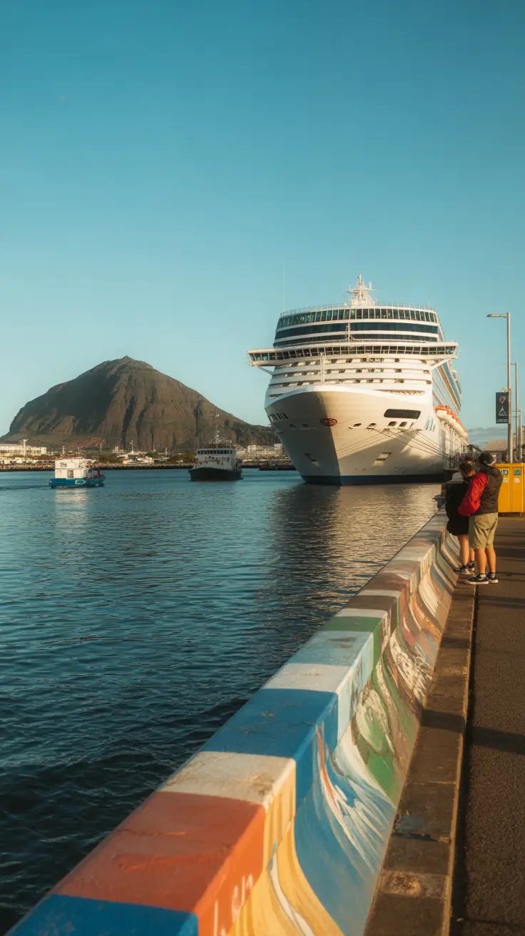 A sunlit harbor with a large cruise ship docked at the pier. A few small ferry boats float nearby. In the foreground, a mural-covered sea wall lines the waterfront. Behind it, a view of Pico Mountain rises across the water. A couple of people take selfies near the edge of the wall. A few lockers are visible near the cruise terminal entrance.