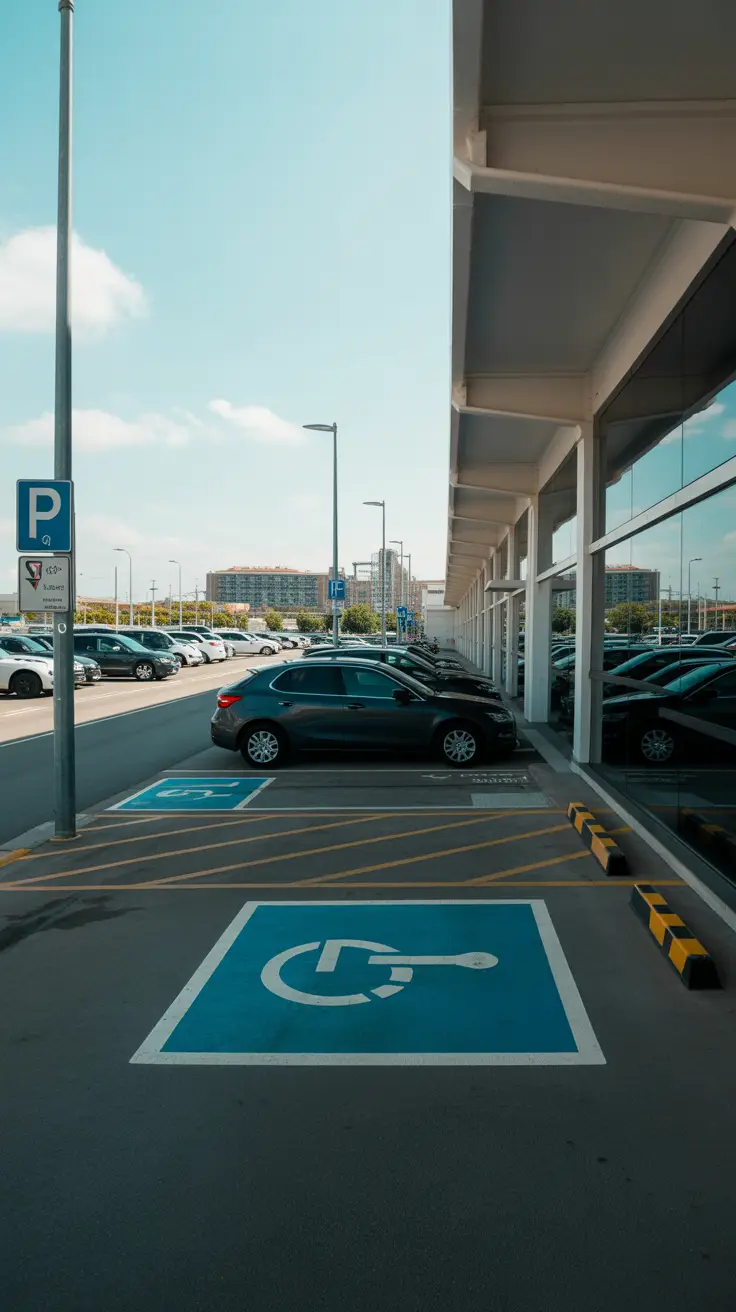 Photo shows a small metered parking lot directly outside the cruise terminal with a few cars parked. In the foreground, a reserved accessible parking space is marked near the terminal entrance. In the background, a larger municipal car park is visible farther down the street, with more vehicles and a short walking path connecting it to the terminal area. It's a sunny day with clear skies.