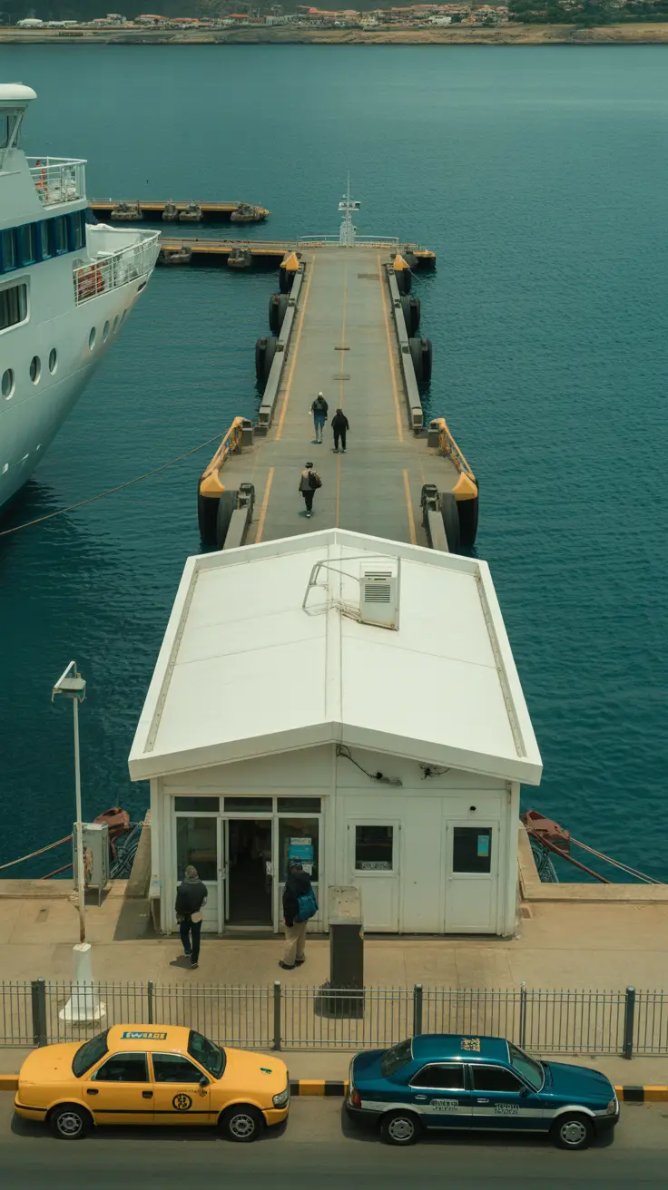 A small white cruise terminal building with a flat roof, located near the waterfront. A ship's gangway extends toward the terminal. A few people are walking between the terminal and the ship. Nearby, a couple of taxis are parked beside a simple taxi stand. A low metal fence borders the walkway. In the background, the edge of a town is visible with a cluster of low-rise buildings.