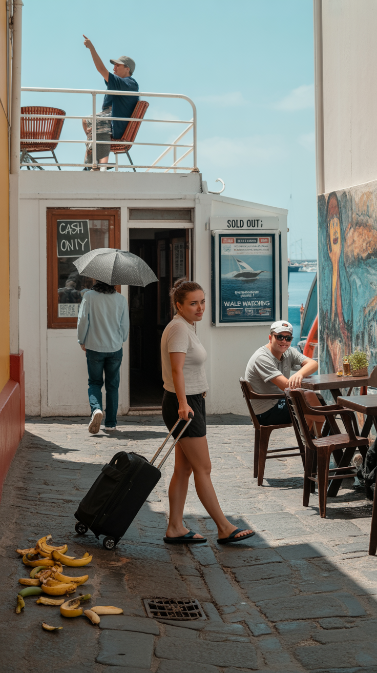 A cobblestone alleyway in Horta on a sunny day, with a person wearing flip-flops struggling to pull a wheeled suitcase over uneven stones. Scattered banana peels lie nearby. A closed café with a handwritten “cash only” sign in the window. A small kiosk in the background shows a “sold out” board next to a whale-watching tour poster. A person in a light rain jacket walks past carrying an umbrella, despite the sunny weather. Another tourist is slumped over an outdoor bar table with nautical decor, next to a grinning local in a sailor cap. Two chairs are visible on an upper deck of a nearby ferry, with one person pointing toward the sea. A few colorful, painted murals are seen on the harbor wall.