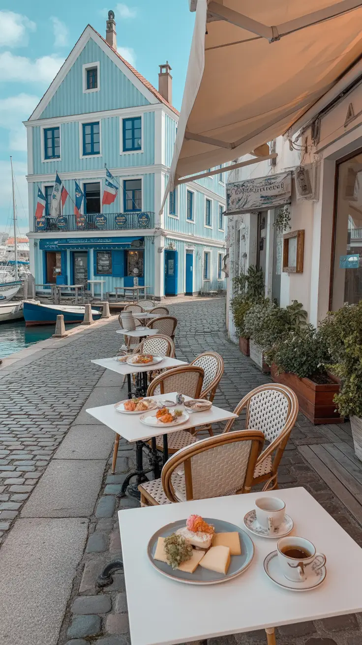 A cobbled waterfront street with three small eateries. On the left, a blue-and-white two-story building with maritime flags and nautical decorations outside. In the center, a café terrace with white tables topped with plates of seafood and pastel pastries, overlooking boats moored nearby. To the right, a smaller building with potted plants, wooden chairs, and a cheese plate on a table with two teacups.