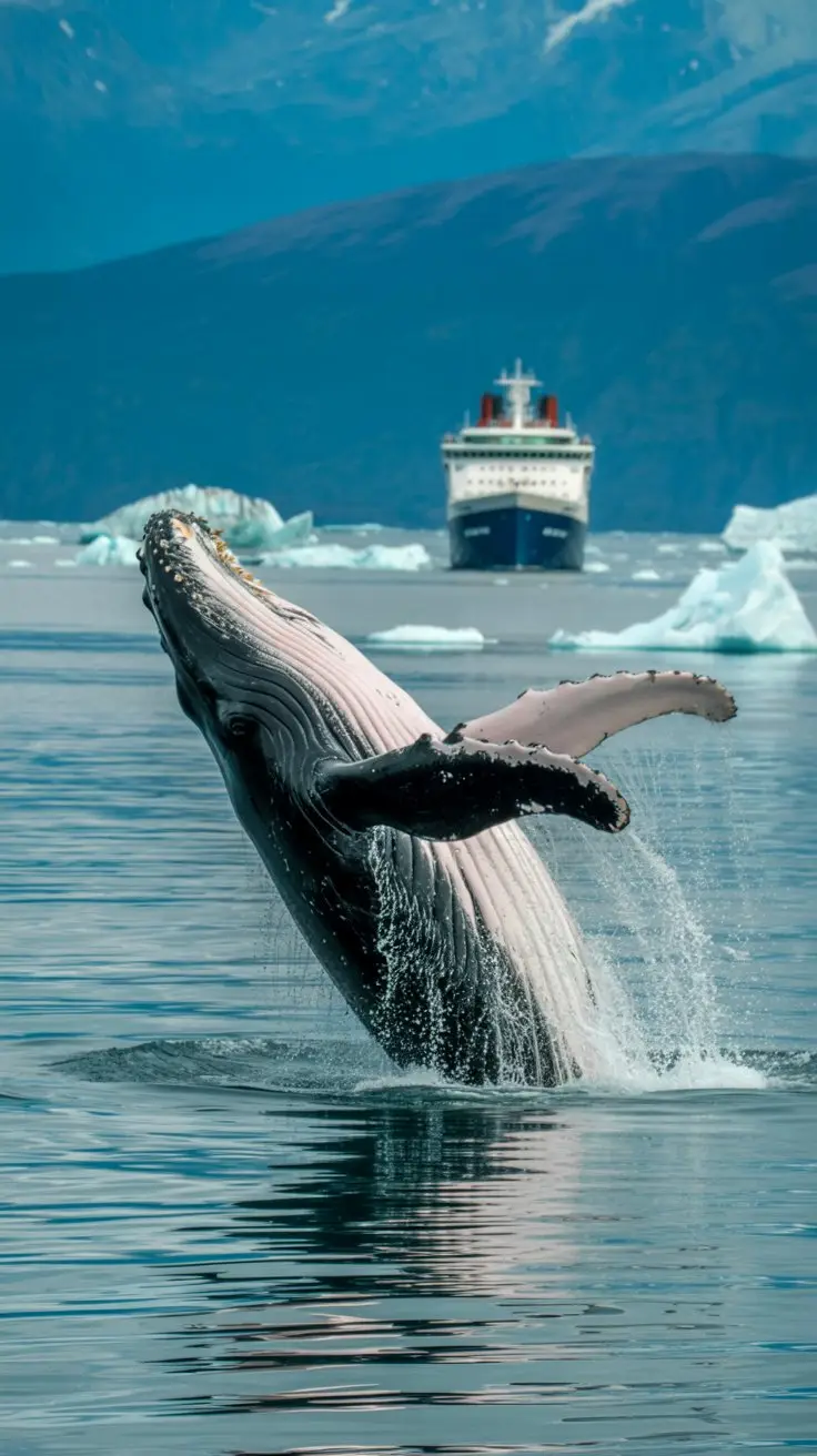 Humpback whale breaching out of the water in Juneau Alaska