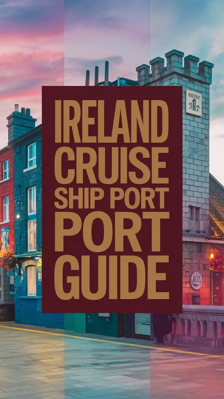 Big text overlay saying: Ireland Cruise Ship Port Guide. It's designed to immediately grab attention with its thick, distinctive lettering set prominently in a big dark colored box, utilizing a simple yet striking bold white color for the text. Surrounding this eye-catching typography, a collage of vibrant images.