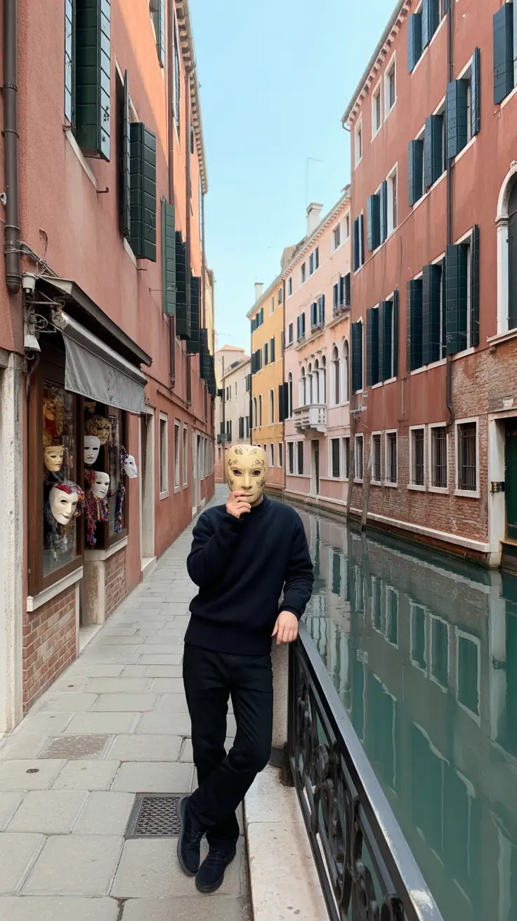 Big text overlay saying “9 Secret Mask Shops in Venice” in bold white lettering on a dark-colored box, surrounded by a vibrant collage of Venetian masks and scenic imagery, designed to capture attention with a realistic style.
