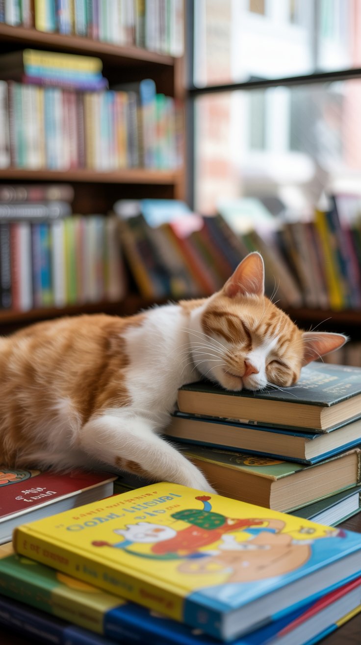 Libreria Acqua Alta with a ginger and white cat asleep on the books in Venice Italy