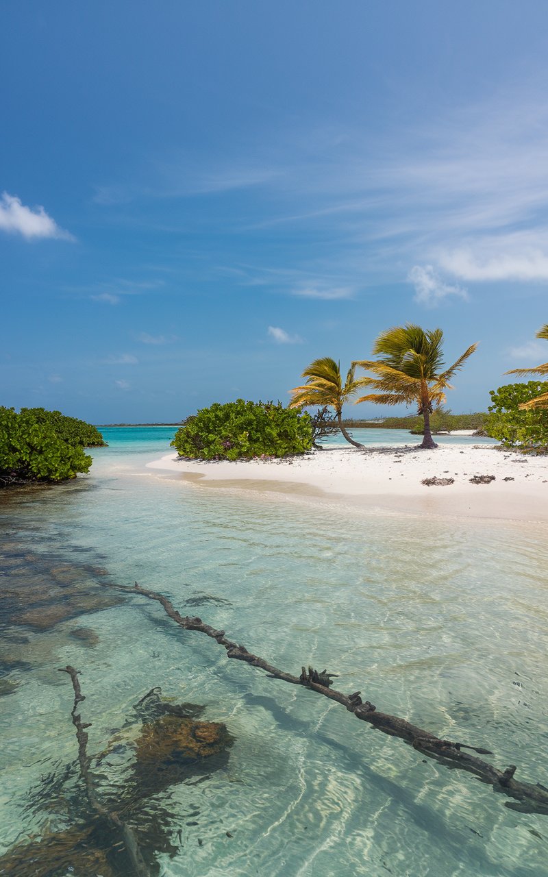 A photo of a serene beach in Aruba, with clear turquoise water and white sand. The beach is surrounded by mangroves and coral, creating a natural barrier. There are a few palm trees swaying gently in the breeze. The sky is clear and bright, with a few clouds. The water is calm and reflects the sky. There are a few rocks and shells on the sand. The horizon is clear, with no other land in sight.