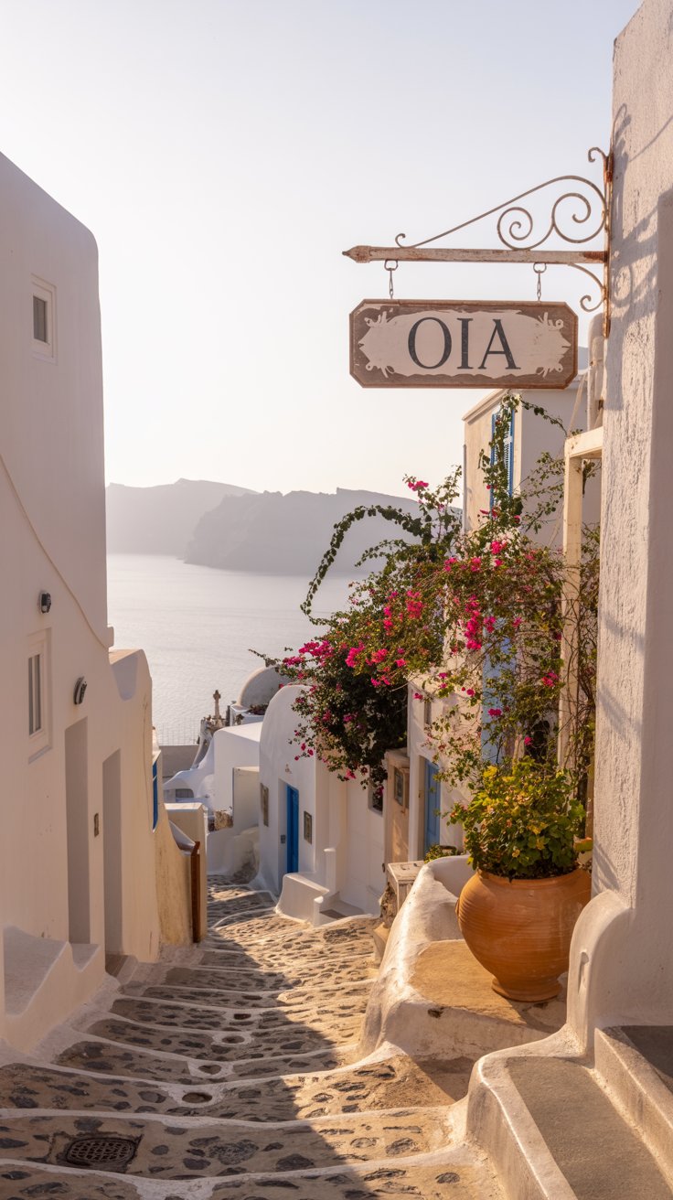 Megalochori village at sunset in Santorini Greece