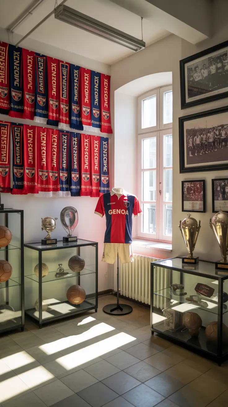 Big text overlay saying: 5 Hidden Museums Near Genoa Port. It's designed to immediately grab attention with its thick, distinctive lettering set prominently in a big dark colored box, utilizing a simple yet striking bold white color for the text. Surrounding this eye-catching typography, a collage of vibrant images.