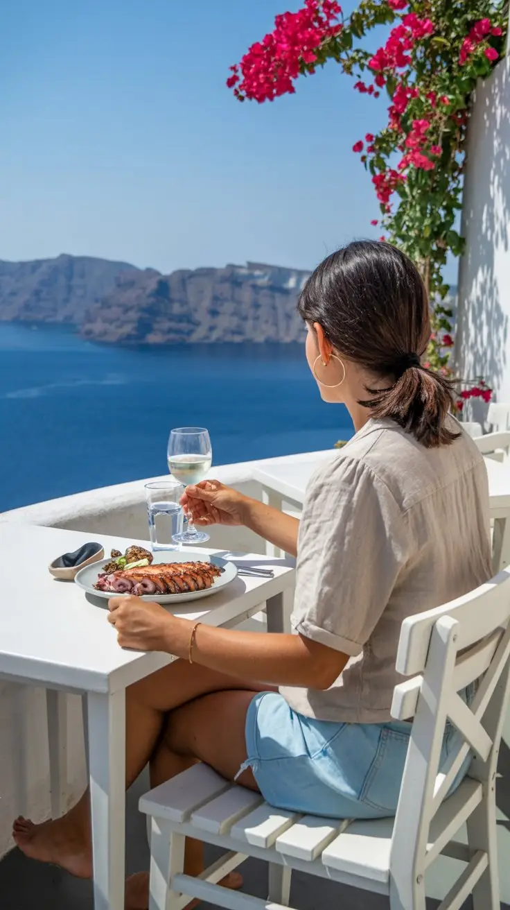 A photograph of a solitary woman enjoying a meal at a charming, family-run restaurant overlooking the caldera in Santorini. She is wearing light blue denim shorts and a simple white linen top, with her dark hair pulled back in a casual ponytail. A plate of fresh grilled octopus sits before her, alongside a glass of chilled white wine, as she gazes out at the stunning panoramic view of the Aegean Sea. The restaurant is adorned with vibrant bougainvillea flowers, and the bright sunlight casts warm shadows across the whitewashed walls, creating a peaceful and inviting atmosphere.