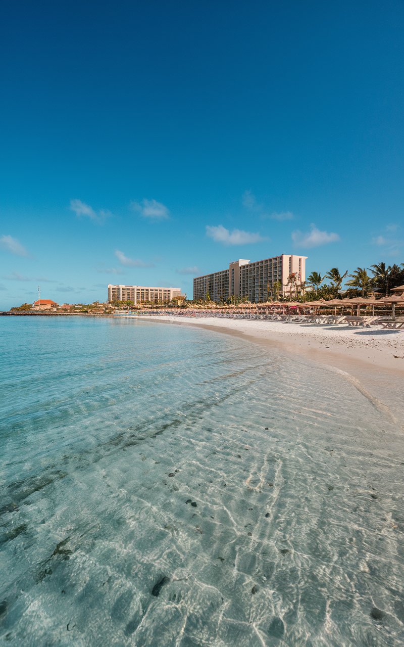 A photo of a sunny day at the beach in Aruba. The beach is backed by high-rise resorts and is filled with beach umbrellas. The water is crystal clear and has a light blue hue. The sand is white and is dotted with small rocks. The sky is clear and a deep blue. The background contains some of the resorts and a few palm trees. The overall image has a warm hue.