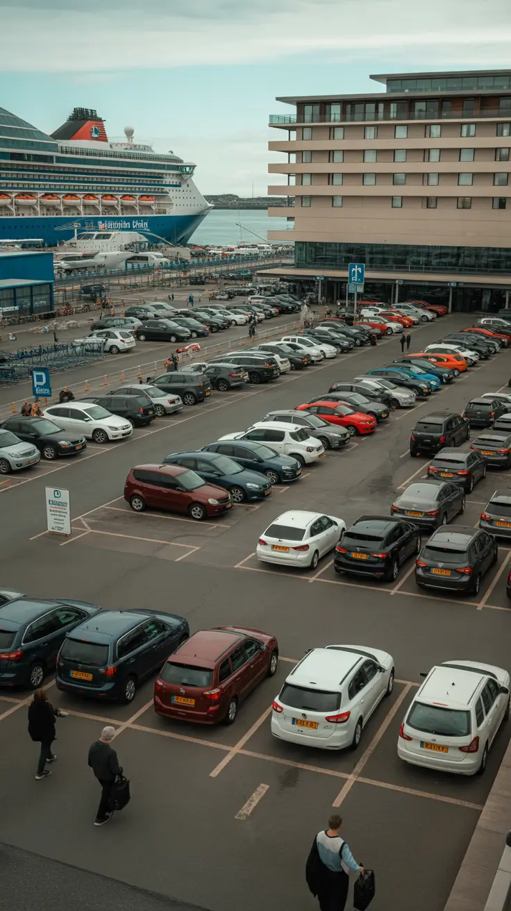A large parking lot near Dublin Port with rows of parked cars, including sedans and vans. A few cruise ships are visible in the background docked at the port. Some signage and barriers mark different sections of the lot. Several travelers are walking with luggage toward the port area. A multi-story hotel is visible adjacent to the parking area.
