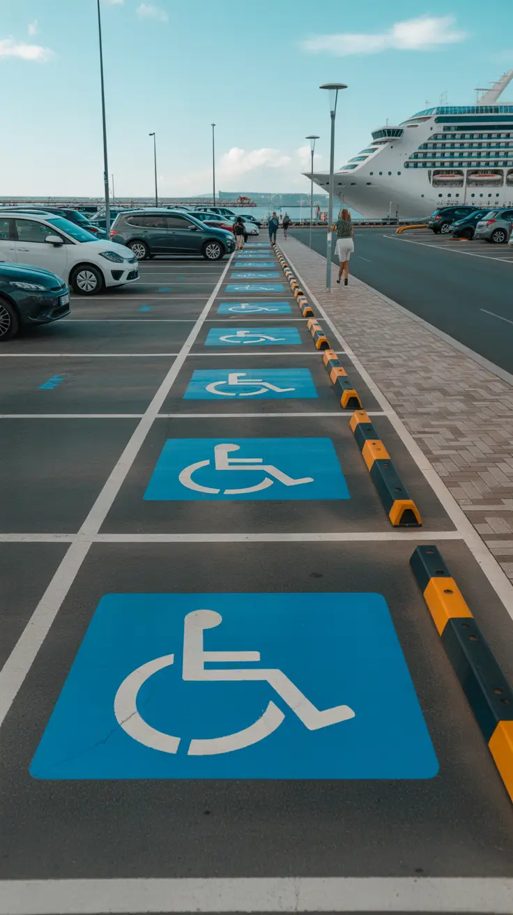 A paved parking lot near the port with marked parking spaces, including clearly visible designated accessible parking bays with the wheelchair symbol. Several cars are parked in the lot. A pedestrian pathway leads from the parking area toward the cruise ship terminal in the background. A smooth curb ramp is present near the accessible bays. A few travelers are walking along the path toward the port.
