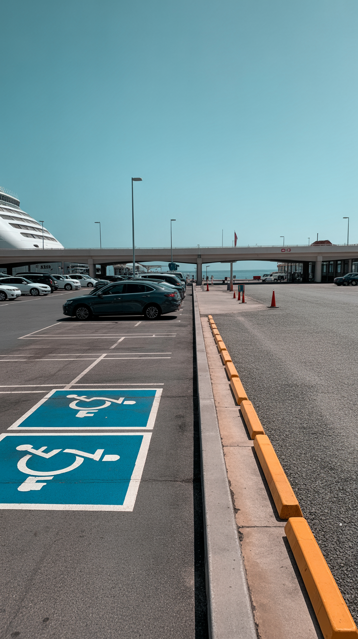 Outlines available parking options for short- and long-term stays near the terminal and notes accessibility features for travelers with mobility needs.