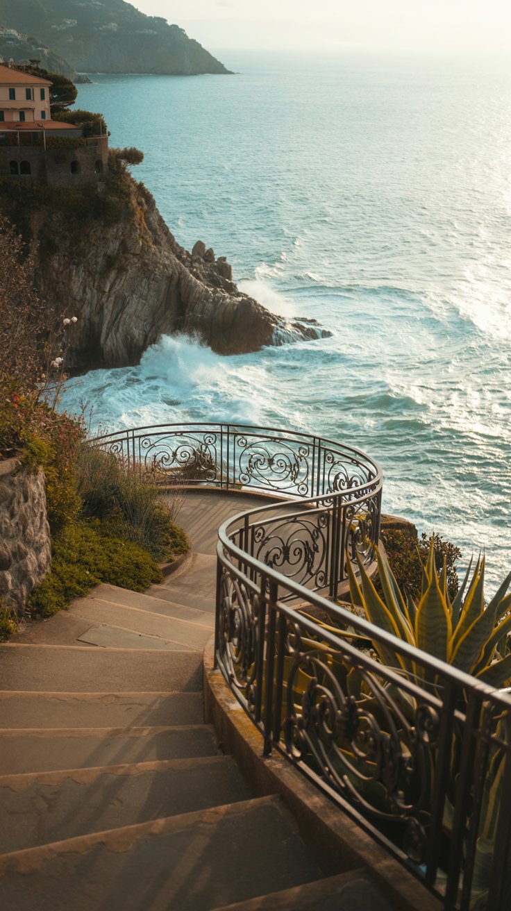 A photograph captures a winding stone pathway hugging a dramatic clifftop above the turquoise Ligurian Sea. The path is lined with ornate, art-nouveau style wrought-iron railings featuring swirling floral motifs, leading the eye toward a distant coastal village. Below, powerful waves crash against the jagged rocks, sending spray high into the air, while a gentle breeze rustles through the hardy coastal vegetation. Soft, diffused sunlight illuminates the scene, creating a warm and inviting atmosphere.