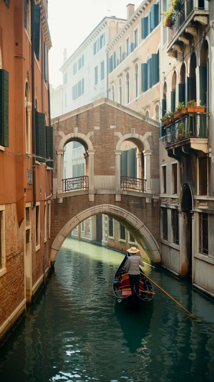 A photograph of the Ponte dei Pugni bridge in Venice, Italy, bathed in the warm glow of a late afternoon sun. The ancient stone bridge, known for its unusual design featuring two small arches, spans a narrow canal with murky green water reflecting the surrounding buildings. A gondola with a striped awning and a gondolier wearing a traditional straw hat glides silently beneath the bridge, while weathered stone walls line the canal banks, adorned with potted plants and wrought iron balconies. Soft, diffused light creates a sense of timeless tranquility and Venetian charm.