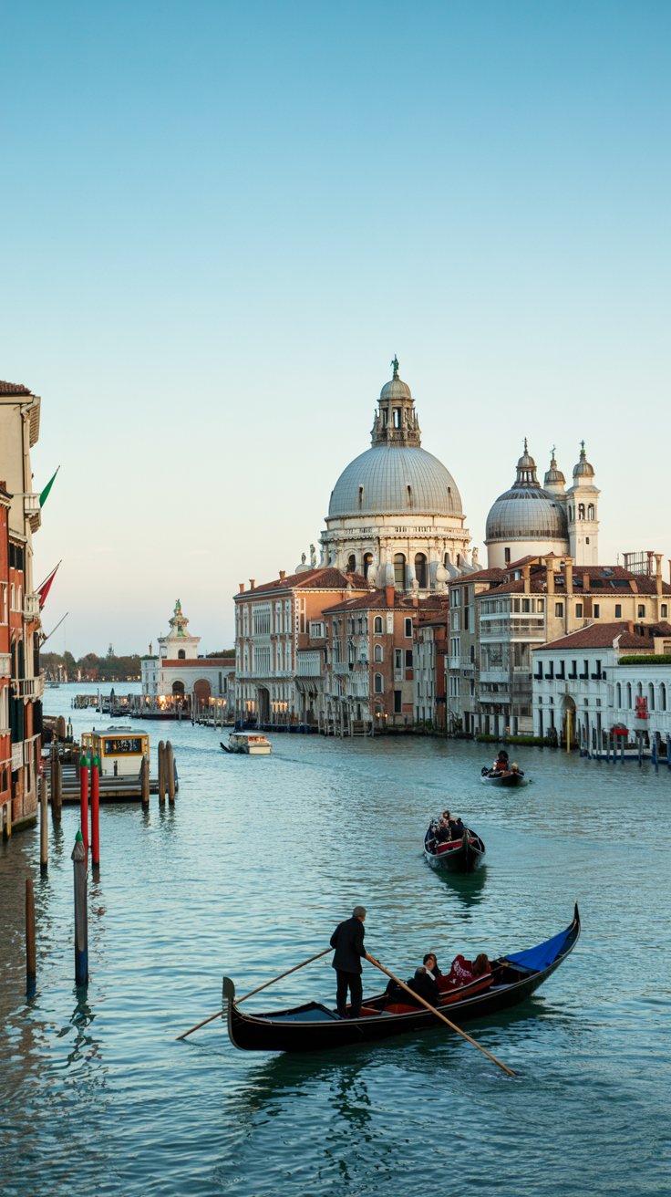 A photograph capturing a picturesque view directly down to the Basilica di Santa Maria della Salute in Venice. The iconic basilica stands majestically on the tip of a narrow island, its ornate dome dominating the scene, framed by the calm waters of the Grand Canal reflecting the soft Italian sunlight. Gondolas gently glide across the canal in the foreground, their silhouettes adding a touch of classic Venetian charm, while distant buildings line the canalside, creating a sense of depth. The sky is a clear, pale blue, and the overall lighting is warm and inviting, perfect for a postcard image.