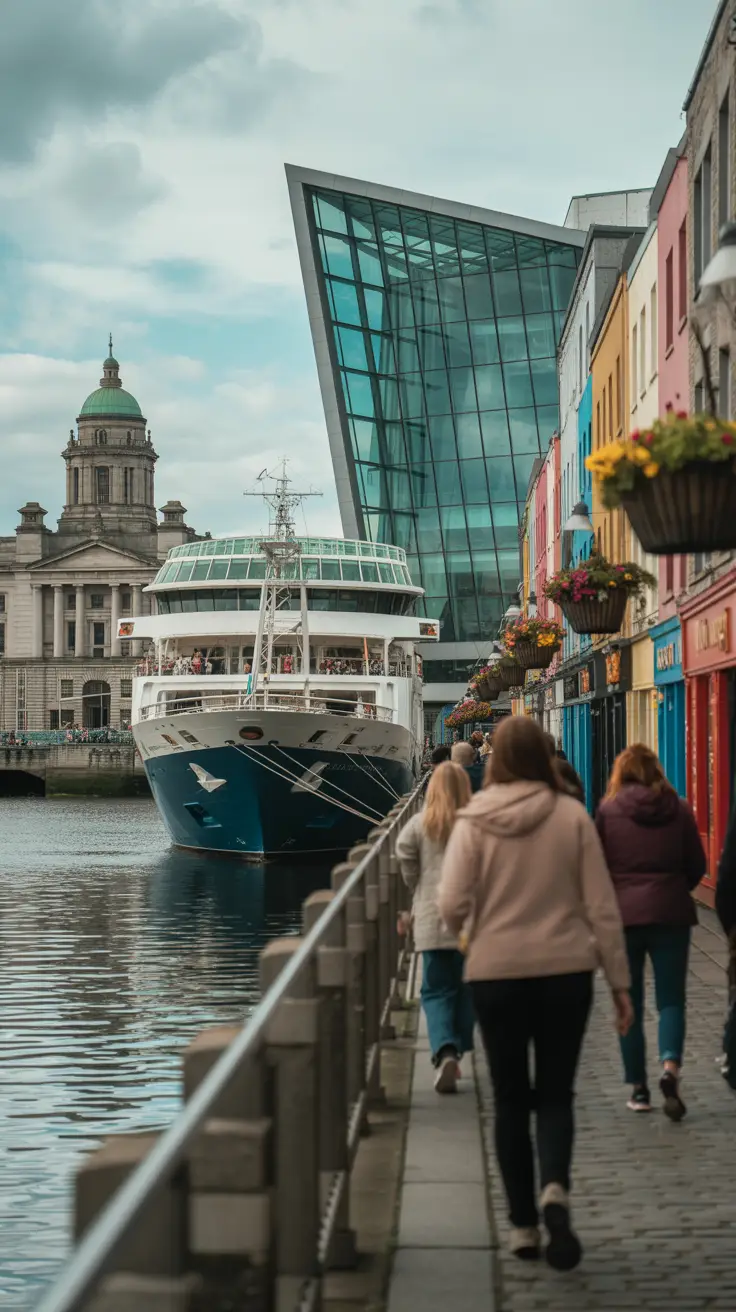 A cruise ship docked at Dublin Port with passengers walking nearby. In the background, the modern glass building of the EPIC Museum is visible. To the left, the Custom House with its green dome stands near the river. A few tourists walk along a cobbled street with colorful pubs and hanging flower baskets, suggesting the Temple Bar area.