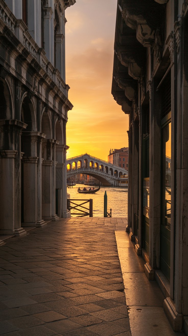 Sunset through the small colonnaded arcade just adjacent to the eastern side of the Rialto Bridge in Venice.