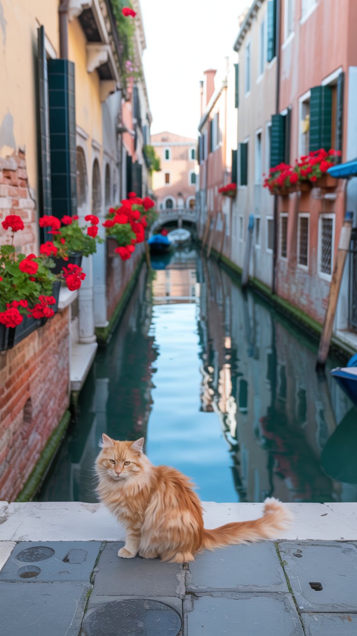 Rio de le Toresele Canal in Venice Italy with a cat on the pavement