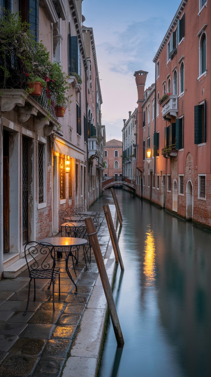 Rio della Misericordia cafe on the edge of the canal in Venice Italy