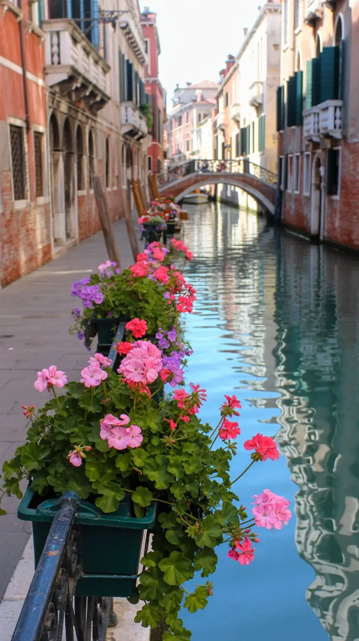 Rio della Tetta canal in Venice Italy with flowers