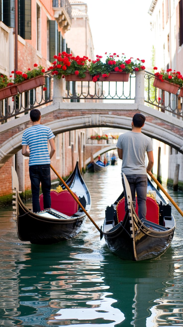 Rio di Ca' Widmann Canel in Venice Italy with gondalars in training near a bridge