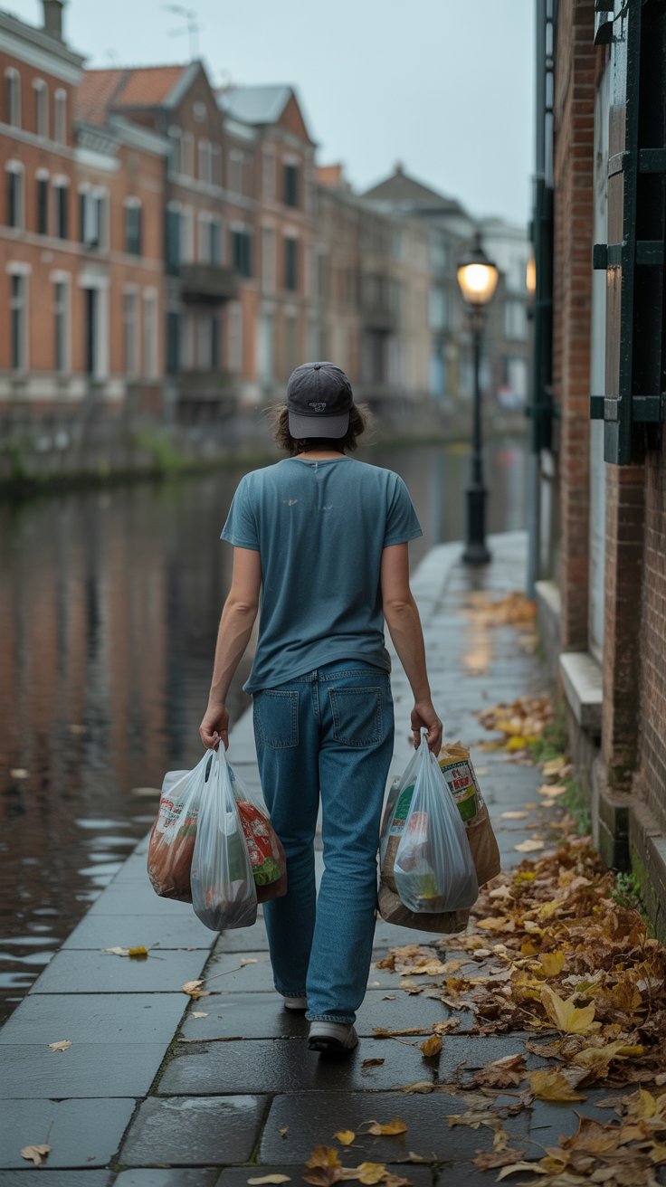 Rio di Mezzo guy walking along the canal with a bags of groceries in Venice Italy
