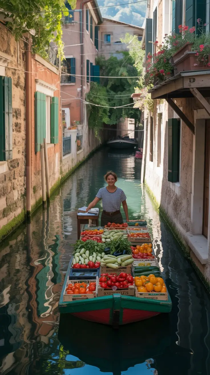 Rio di San Barnaba canal with a floating vegetable barge