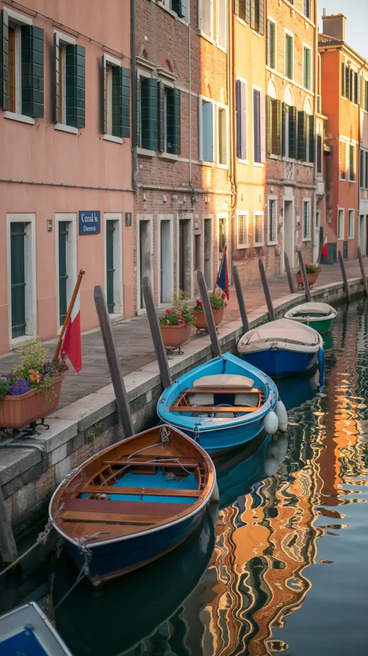 Rio di San Giovanni Laterano serene canal lined with boats in Venice Italy