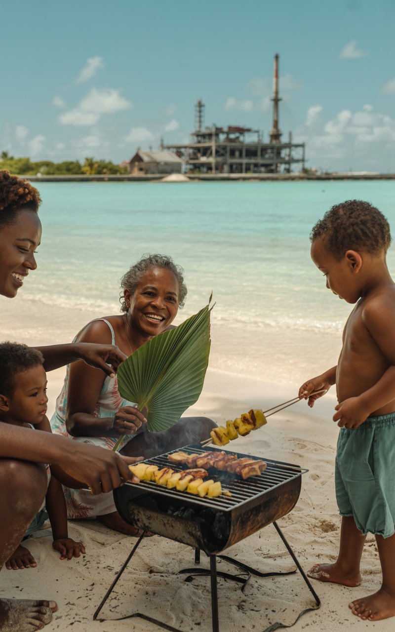 A photograph of a multigenerational Aruban family gathered around a barbecue on a pristine white-sand beach. A smiling grandmother fans herself with a palm leaf while a young boy eagerly holds a skewer of grilled pineapple, the crystal-clear turquoise water gently lapping at their feet. In the distance, a weathered, decommissioned oil refinery stands as a stark yet intriguing contrast against the idyllic coastal scene. The warm, golden sunlight illuminates the scene, creating long shadows and a sense of relaxed joy.