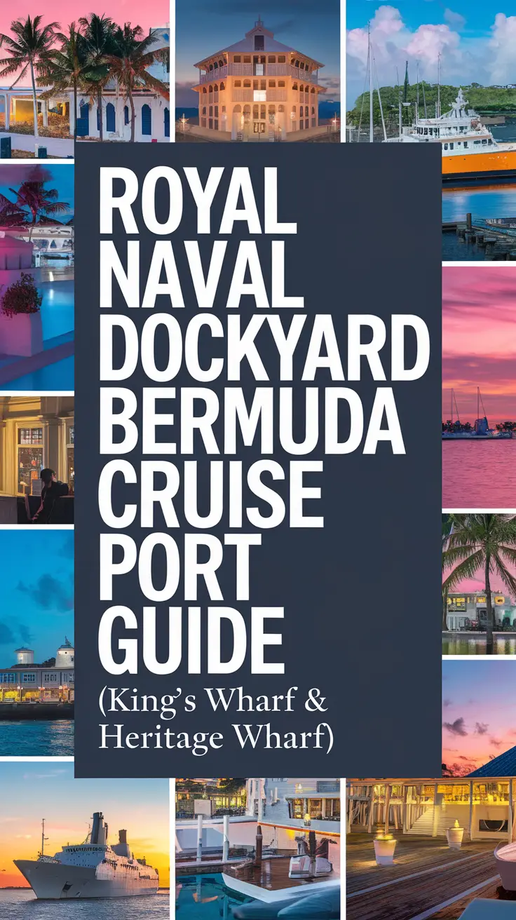Big text overlay saying: Royal Naval Dockyard Bermuda Cruise Port Guide (King’s Wharf & Heritage Wharf). It's designed to immediately grab attention with its thick, distinctive lettering set prominently in a big dark colored box, utilizing a simple yet striking bold white color for the text. Surrounding this eye-catching typography, a collage of vibrant images.