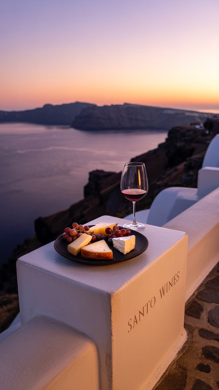 A photograph of a sunset tasting at Santo Wines, showcasing a cheese plate overflowing with assorted cheeses and grapes. A glass of deep ruby-red wine sits beside the plate, reflecting the vibrant orange and purple hues of the sunset over the caldera. The scene is framed by the winery’s white stone architecture, perched dramatically on the edge of the cliff overlooking the Aegean Sea, bathed in the warm glow of the setting sun. "Santo Wines" is subtly etched onto a nearby stone pillar, adding a touch of branding to the idyllic vista.
