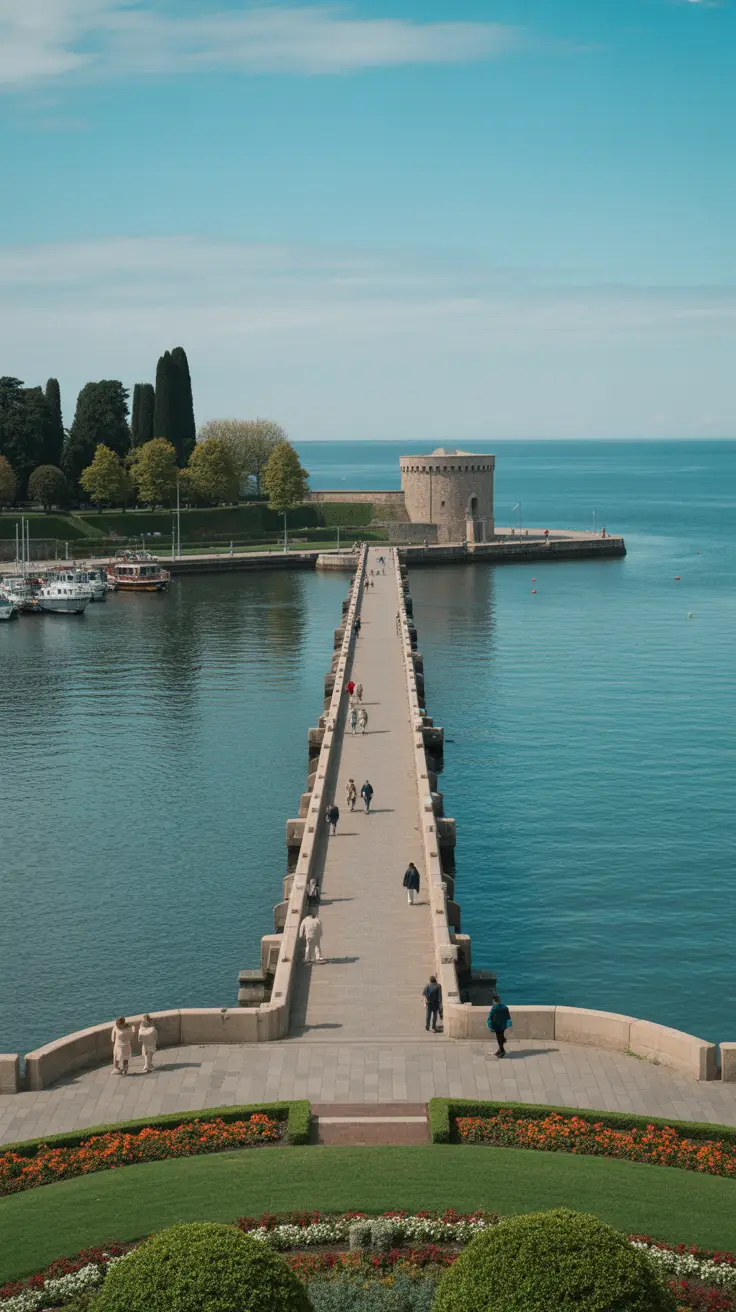 A wide stone pier extends into the sea with people walking along it. The calm water reflects the blue sky. On one side, a green park with trees and flower beds borders the harbor. In the background, a round stone tower stands on a low hill overlooking the water.