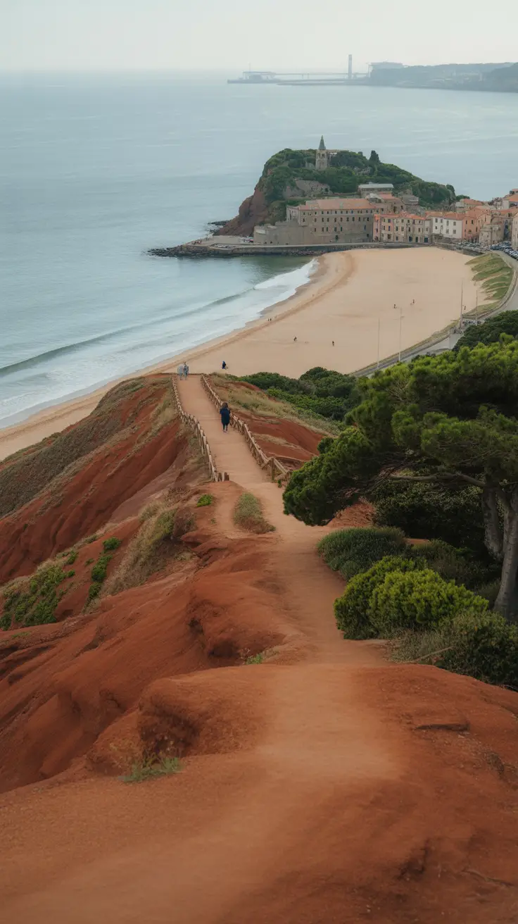 Details scenic walks and hikes near the terminal, including a historic town stroll, golden sand beach walk, and a red clay viewpoint trail.