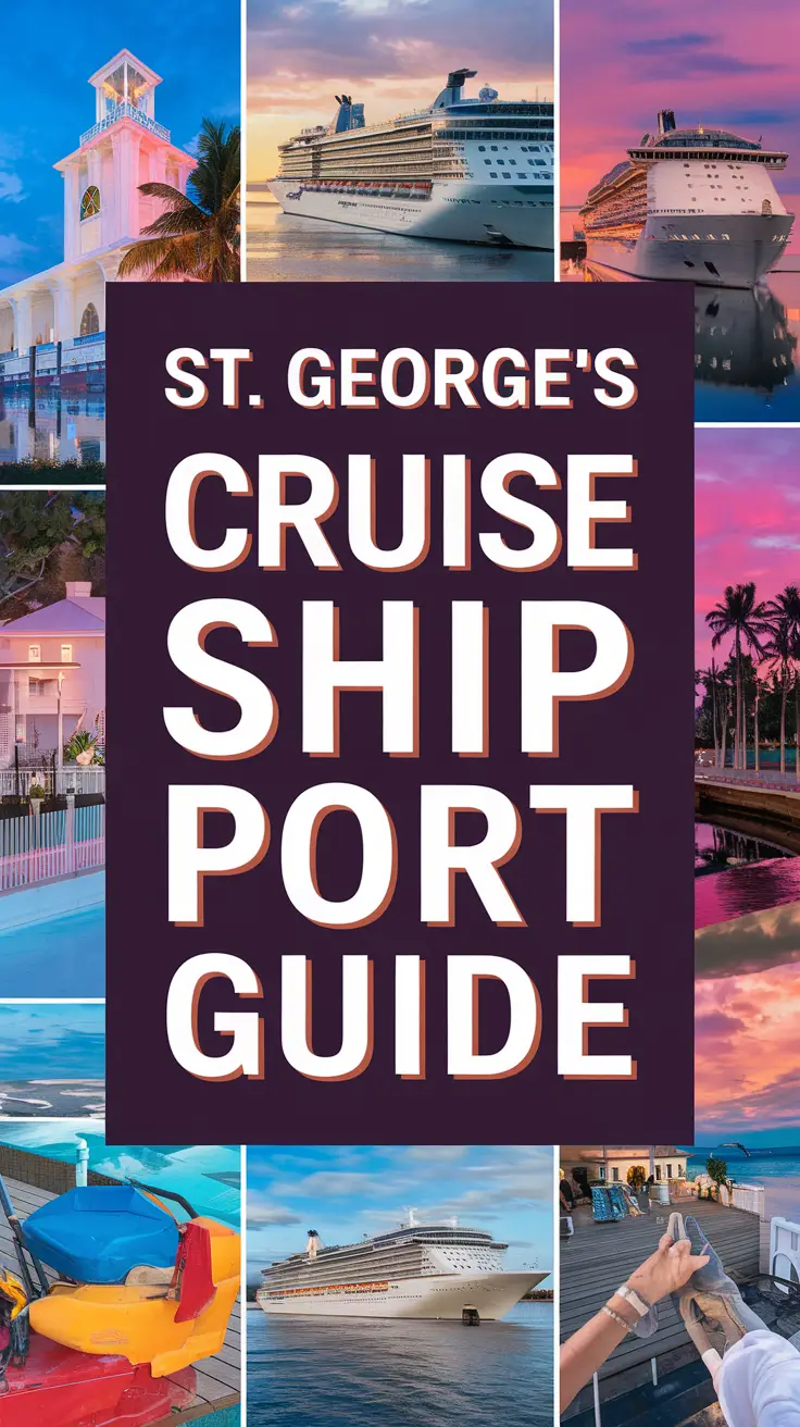 Big text overlay saying: St. George's Cruise Ship Port Guide. It's designed to immediately grab attention with its thick, distinctive lettering set prominently in a big dark colored box, utilizing a simple yet striking bold white color for the text. Surrounding this eye-catching typography is a collage of vibrant images.
