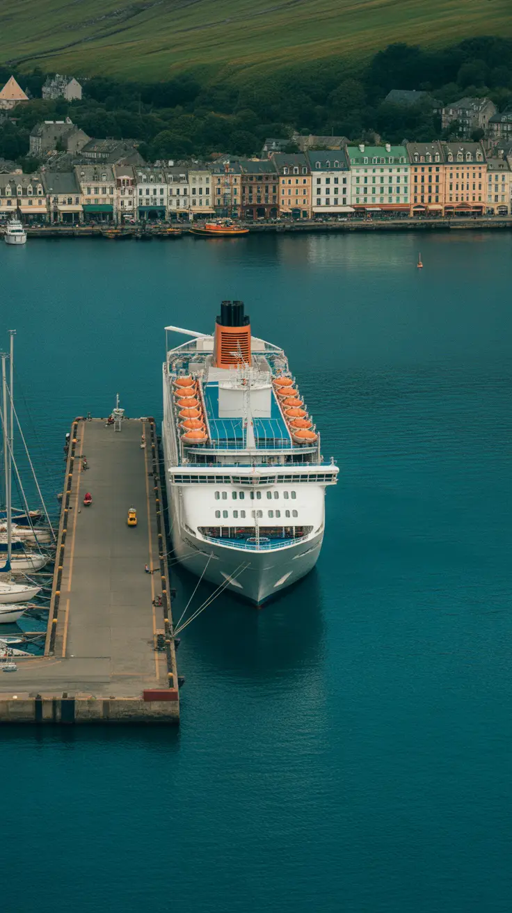 A cruise ship docked at a harbor with a long stone pier extending into calm blue water. Small sailboats are moored nearby. In the background, rows of Victorian-style buildings line the waterfront. A green hillside rises gently behind the town.