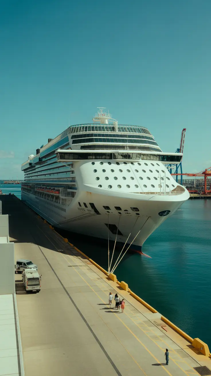 A large cruise ship is docked at a modern port terminal. The terminal has clean lines and contemporary structures. Several passengers are disembarking onto a paved walkway. A few port vehicles are parked nearby. In the background, low-rise buildings and cranes hint at the port’s industrial roots. Clear blue skies overhead.