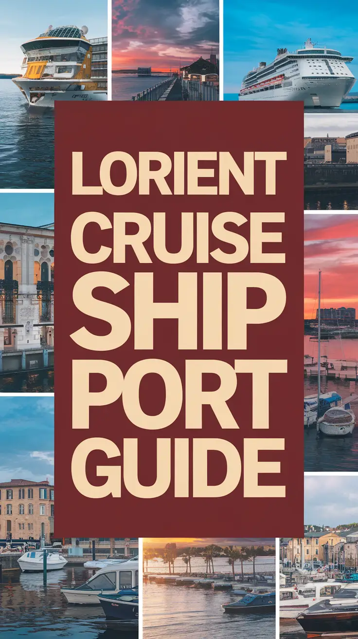 Big text overlay saying: Lorient Cruise Ship Port Guide. It's designed to immediately grab attention with its thick, distinctive lettering set prominently in a big dark colored box, utilizing a simple yet striking bold white color for the text. Surrounding this eye-catching typography, a collage of vibrant images.