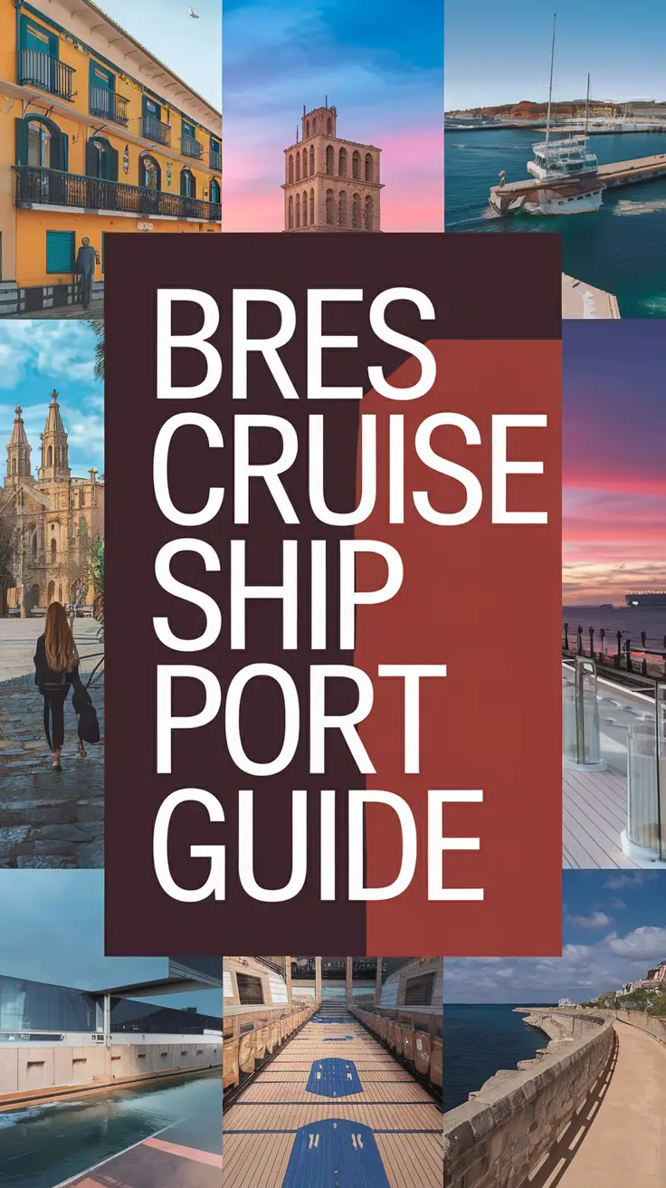 Big text overlay saying: Bres Cruise Ship Port Guide. It's designed to immediately grab attention with its thick, distinctive lettering set prominently in a big dark colored box, utilizing a simple yet striking bold white color for the text. Surrounding this eye-catching typography, a collage of vibrant images.