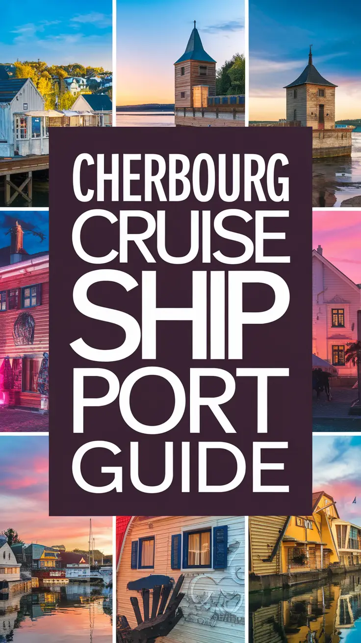 Big text overlay saying: Cherbourg Cruise Ship Port Guide. It's designed to immediately grab attention with its thick, distinctive lettering set prominently in a big dark colored box, utilizing a simple yet striking bold white color for the text. Surrounding this eye-catching typography, a collage of vibrant images.