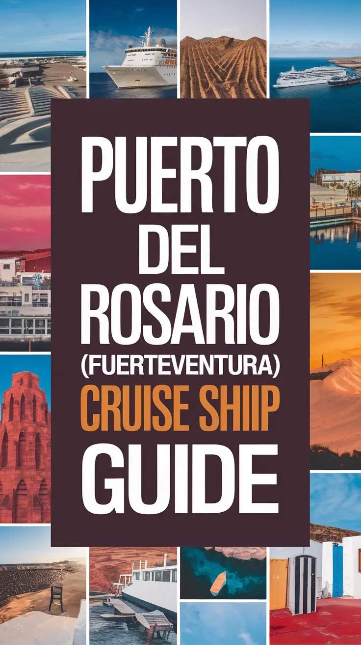 Big text overlay saying: Puerto del Rosario (Fuerteventura) Cruise Ship Port Guide. It's designed to immediately grab attention with its thick, distinctive lettering set prominently in a big dark colored box, utilizing a simple yet striking bold white color for the text. Surrounding this eye-catching typography, a collage of vibrant images.