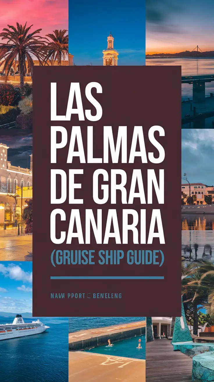 Big text overlay saying: Las Palmas de Gran Canaria (Gran Canaria) Cruise Ship Port Guide. It's designed to immediately grab attention with its thick, distinctive lettering set prominently in a big dark colored box, utilizing a simple yet striking bold white color for the text. Surrounding this eye-catching typography, a collage of vibrant images.