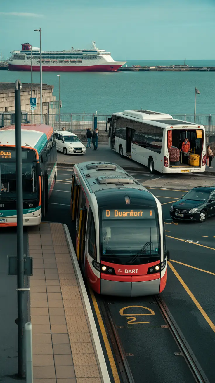 A photo showing the entrance of Dún Laoghaire Harbour with a cruise ship docked in the background. In the foreground, a modern DART train is stopped at a nearby station platform. To the left, a Dublin Bus is pulling up at a bus stop. A taxi is parked near a curb, and a coach with luggage compartments open is parked further back. A few passengers are seen moving between the transport vehicles with luggage.